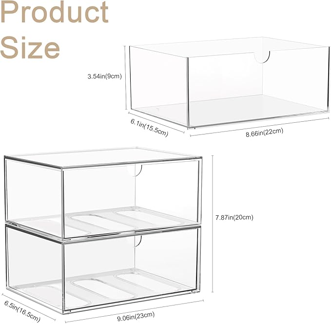 Clear Stackable Storage Drawers, 2 Pack Acrylic Makeup Organizers for Beauty Supplies, Plastic Storage Bins for Bathroom Vanity Countertop, Cabinet, Pantry, Kitchen Undersink, Desk Organization