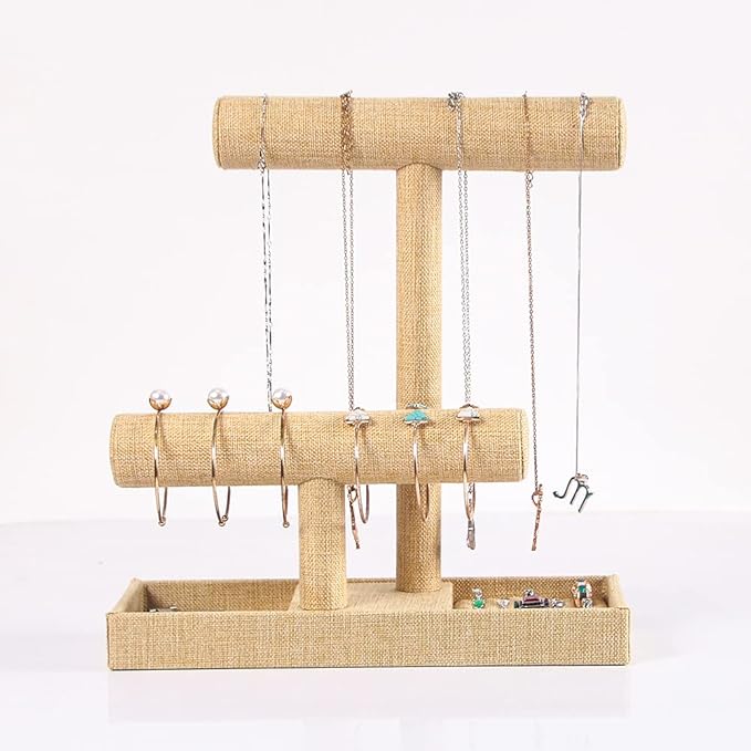 Coward 2 Tier Necklace Bracelet Holder Organizer With ring Tray, Linen Jewelry Display Stand for Watch Scrunchie Lipstick, Perfumes,Nail polish (Yellow Linen)