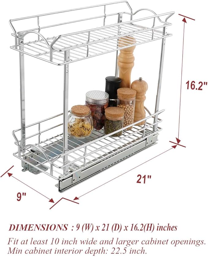 OCG Slide Out Cabinet Organizer for Narrow Cabinet (9" W X 21" D), 2 Tier Pull Out Shelves Slim Sliding Cabinet Organizer and Storage, Chrome