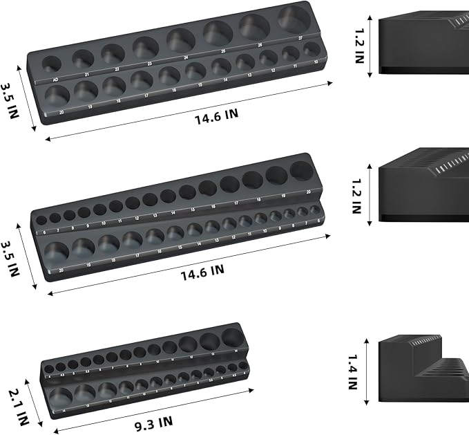 Magnetic Socket Organizer Holder Set – 3-Piece Tool Organizers Including 1/4", 3/8" and 1/2" Drive Socket Holder Metric 68 Pieces Socket Trays (Sockets are not Included) Black