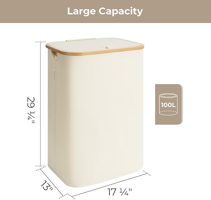 StorageWorks 100L Large Laundry Hamper with Lid, Tall Laundry Basket with Bamboo Handles and 1 Removable Inner Bag, Collapsible Laundry Hamper for Clothing, Towels, Beige, 1-Pack