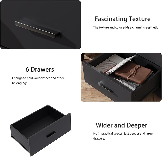 LIDYUK Dresser for Bedroom, Wood Dresser with 6 Drawers, Modern Minimalist Style Dressers & Chests of Drawers, 48 Inches Wide Chest of Drawers for Bedroom, Hallway, Living Room, Black