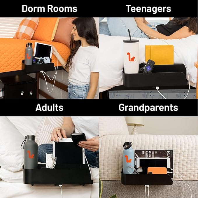 Squirrel-Bedside Perch for College Dorm Room Lofted Bed, Floating Organizer with USB-C & A Charging Ports, Small Spaces, Bed Side Caddy & Nightstand, Device & Cup Holder, Dorm Essential, Red