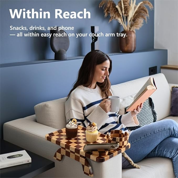 Couch Arm Table, Checkered Carbonized Rubber Wood Sofa Armrest Tray, 3-in-1 Clip-on Large Couch Cup Holder Tray with 360° Rotating Cup Holder & Phone Stand for Drinks, Snacks & Remote