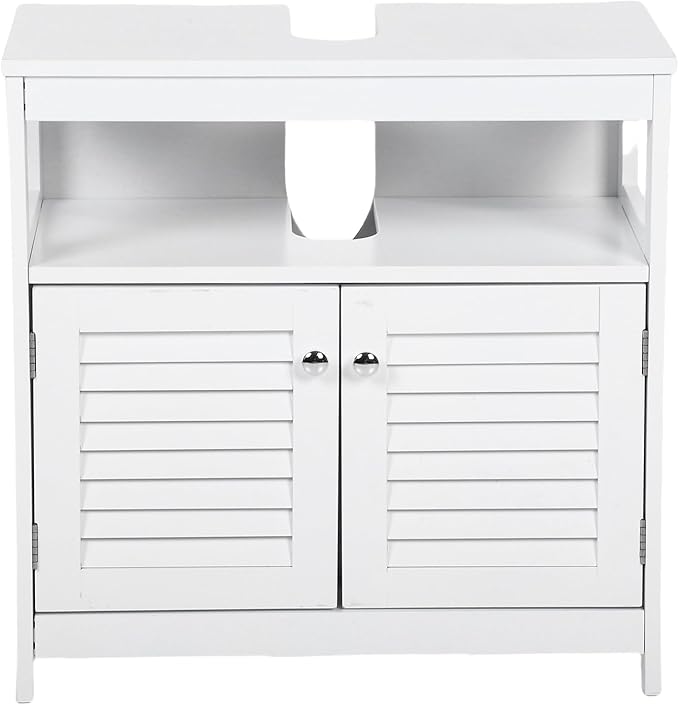 U-Shaped Under Sink Storage Cabinet with 2 Doors & Open Shelf, Freestanding Bathroom Vanity Organizer for Pedestal Sink, Water-Resistant MDF Cabinet for Toiletries & Cleaning Supplies, White