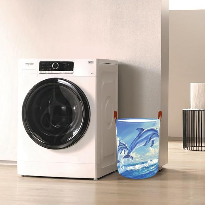 Laundry Baskets 15.7x19.7 Inch Large Dolphin Ocean Design Collapsible Laundry Hamper with Handles Oxford Fabric Clothes Storage Bin Foldable Dirty Clothes Organizer for Bathroom Bedroom Dorm