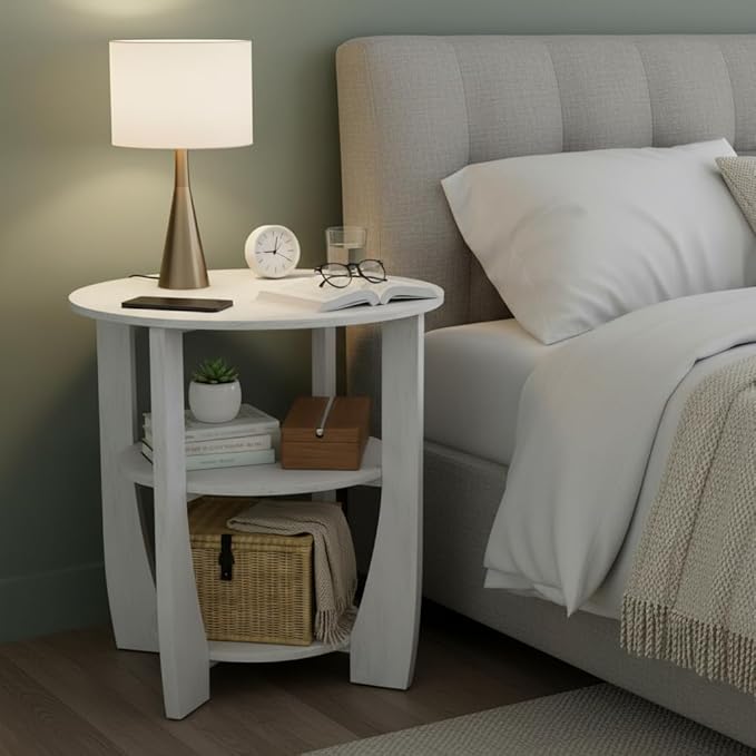 White Round Side Table, 3-Tier End Table with Storage Shelves, Modern Farmhouse Nightstand for Bedroom, Living Room, Nursery & Small Spaces,19.7" D x 21.7" H