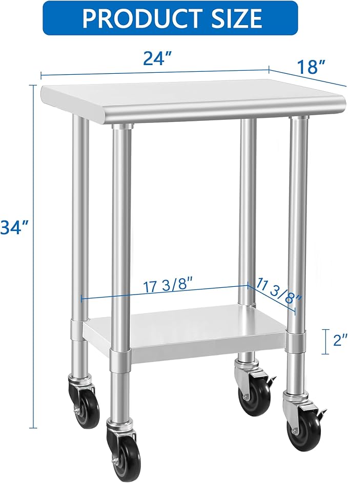 HARDURA Stainless Steel Commercial Table Prep & Work Table with Casters Heavy Duty Metal Table with Wheels NSF 430 18×24 Inches