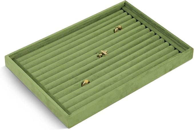 Velvet Ring Display Tray, Stackable Muilt Slot Rings Ear Stud Storage Tray, Drawer Insert Jewelry Accessories Organizers Plate (Olive Green)