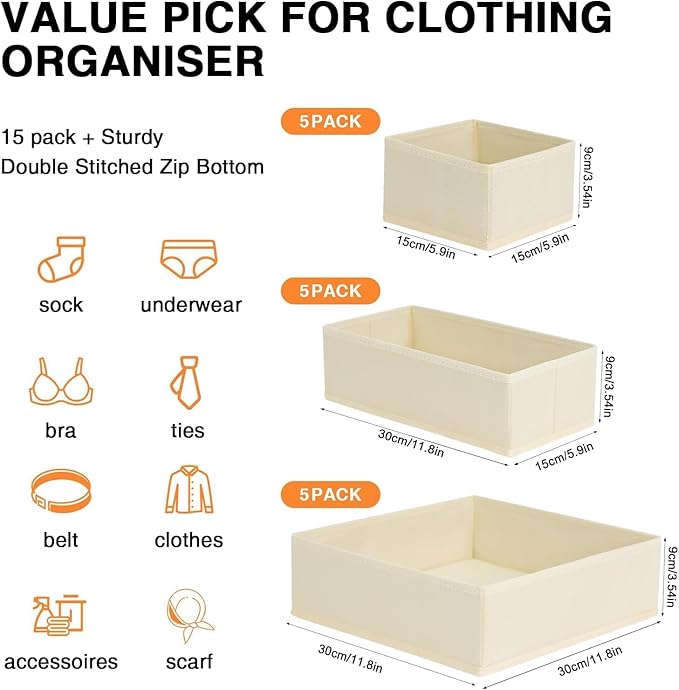 DIMJ Drawer Organizer Clothes, 15 Pack Dresser Organizer, Foldable Closet Organizers and Storage, Fabric Dresser Bins, Drawer Dividers for Nursery, Baby Clothes, Underwears, Sock (Beige)