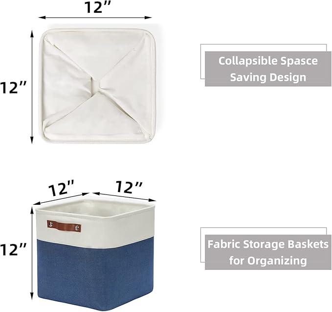 HNZIGE Fabric Storage Basket(4 Pack) Linen Baskets for Organizing,12x12 Storage Bins for Shelves,Towels,Blankets,Toys with Leather Handles(White&Blue)