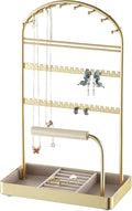 Multi-Functional Jewelry Holder Organizer Necklace Display Stand Velvet Lined Bar for Rings 2 Tier with 18 Hooks, 32 Earring Holes - Sturdy and Durable, Easy Organization Gold