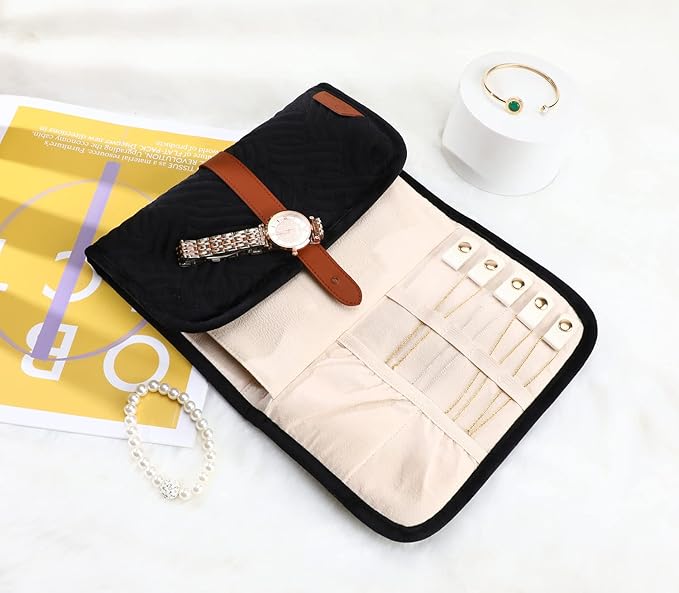 Voova Travel Jewelry Holder Organizer Case, Large Jewelry Storage Bag for Women Girls, Foldable Traveling Jewellery Pouch Roll for Necklaces Rings Earrings Bracelets, Black