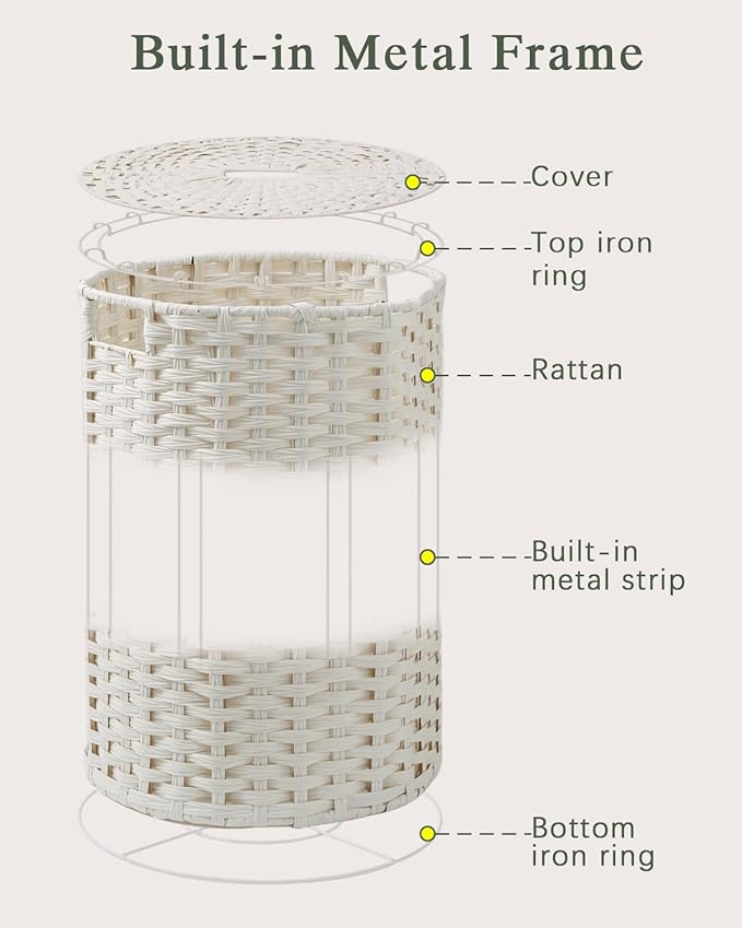 Laundry Basket with Lid Round Rattan Laundry Hamper with Lid and Handles 29.1 Gal (110 L) Handwoven Woven Basket with Removable Bags and 2 Mesh Bags for Bathroom Living Room White
