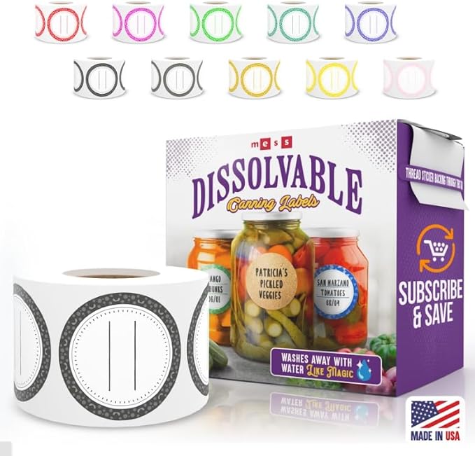 Easy Remove Dissolvable Canning Labels for Mason Jars (2" Round) Canning Supplies - Washes Off in Seconds Like Magic - Jar Labels for Homemade Jam, Jelly, and More (Black, 200/Roll) by MESS