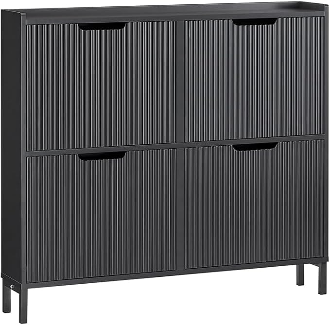 SoBuy Fluted Shoe Cabinet 4 Drawers, Narrow Shoe Storage Organizer for Entryway Black, Thin Free Standing Shoe Rack Porch Front Door, FSR177-L-SCH