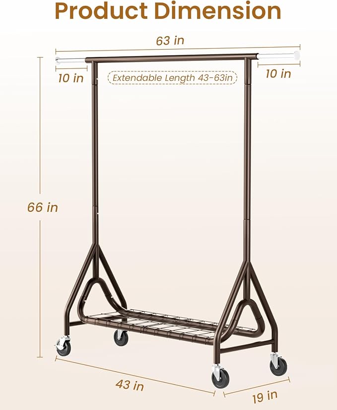 Heavy Duty Clothing Rack, Metal Clothes Rack Load 450 LBS, Rolling Coat Racks for Hanging Clothes with Lockable Wheels, Wardrobe Closet Garment Racks for Bedroom, Brown