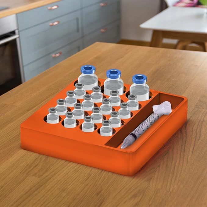 Vial Holder for Refrigerator Use | Home Vial Organizer Tray for Peptide– 5"x5"x0.75", Lightweight (8g) (Orange)