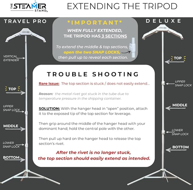 Travel Pro | Adjustable Standing Garment Steaming Rack with Hanger | Fast, Foldable, Sturdy, Portable Steam Ironing Solution for Travel & Home