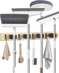 Broom Holder Wall Mounted, Light Wood 4 Holders and 4 Hooks Mop Holder, Wooden Mop and Broom Holder with Anti slip rubber, Natural pine wood Brush Holder, Mop Wall Holde with Nail installation