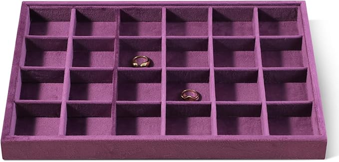 Velvet Stackable Jewelry Display Tray, 24 Grid Earring Ring Storage Tray, Drawer Divider Jewelry Accessories Organizer Plate (Purple)