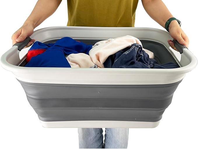 SAMMART 42L (11 Gallon) Collapsible Plastic Laundry Basket - Foldable Pop Up Storage Container/Organizer - Portable Washing Tub - Space Saving Hamper/Basket (1, Grey/Steel Grey)