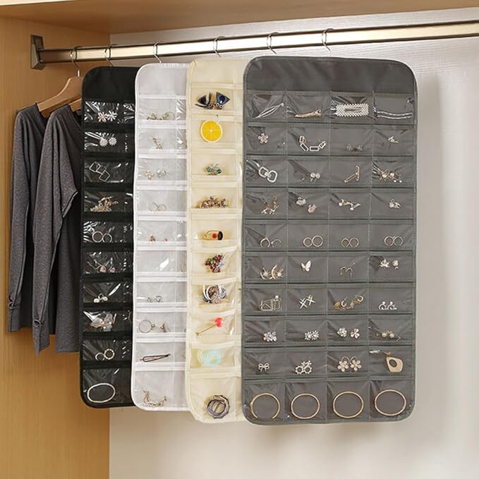 3PCS Hanging Jewelry Organizer with 80 Pocket Double-Sided Jewelry Holder Storage Wall Door Closet Accessories Organizer for Earrings, Necklaces, Rings (Grey)