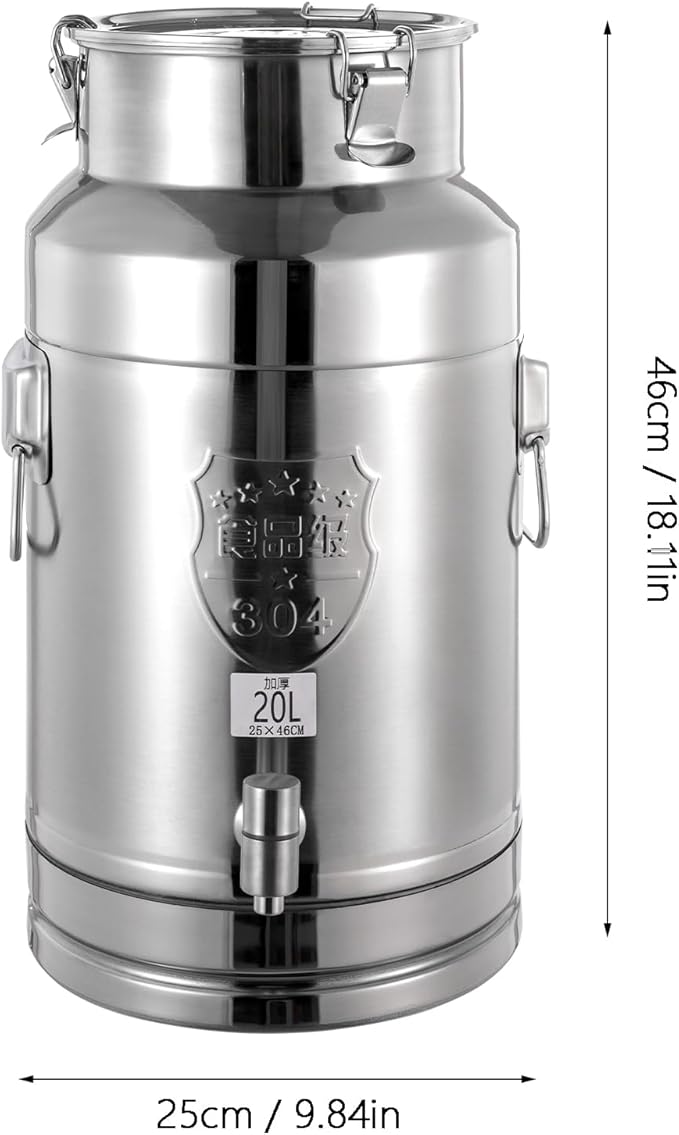 Milk Can Barrel Stainless Steel Beverage Drink Dispenser Large Capacity Storage Bucket Container with Faucet and Handles for Milk Coffee Wine Oil Rice Cereals Water (20L/5.28Gal)