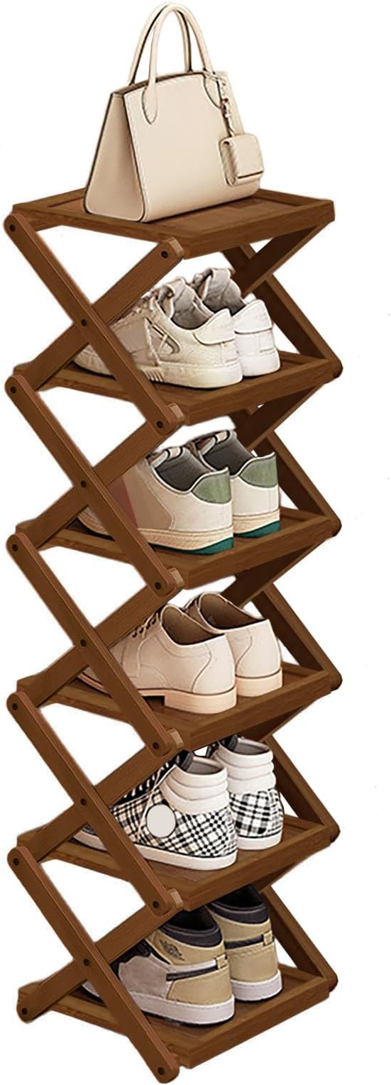 YYW Flat Bamboo Shoe Rack for Entryway, Installation-Free and Folding Vertical Small Shoe Rack, Saves Space Narrow Shoe Racks for Doorway Closet