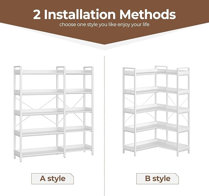 Rolanstar Bookshelf 5 Tier with 4 Hooks, Reversible Corner Bookshelf, 65" Industrial Wooden Bookcase with Open Shelves and Metal Frame for Living Room, Bedroom, Home Office, White