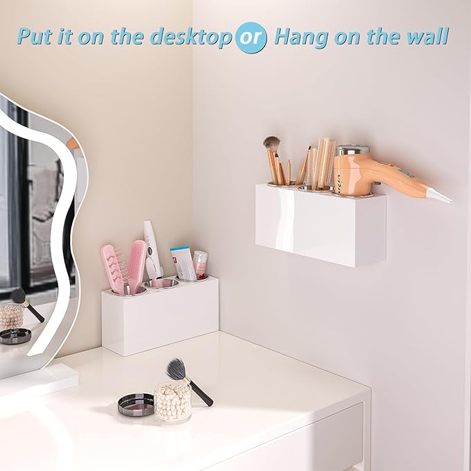 Hair Tool Organizer, Wall Mount Hair Dryer Holder with 3 Cups, Vanity Acrylic Hair Styling Tools Organizer for Curling Iron Straightener Styling Tools Bathroom Storage (3 Cups White)