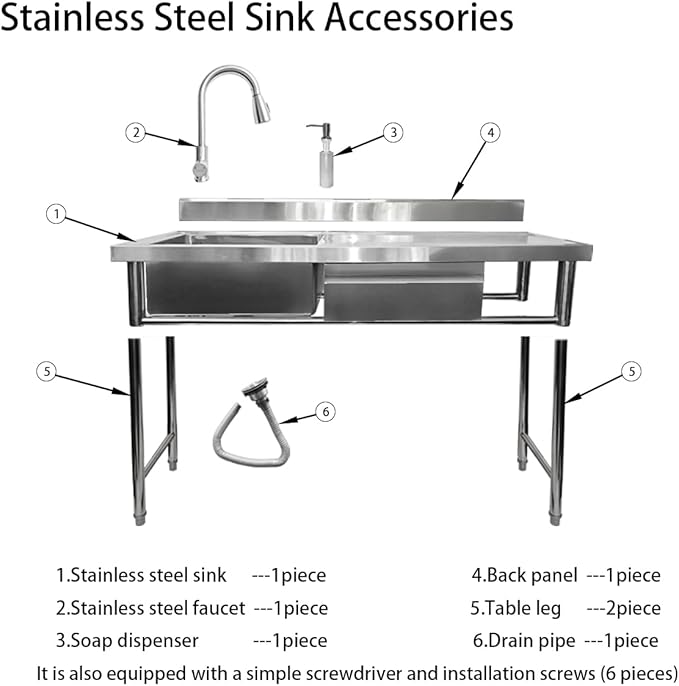304 Stainless Steel Utility Sink with Faucet – Free Standing Single Bowl Kitchen Sink with Workbench & Drawer Storage, Hot/Cold Water Pipes for Laundry, Farmhouse & Outdoor Use 39“(SCTD-100R)