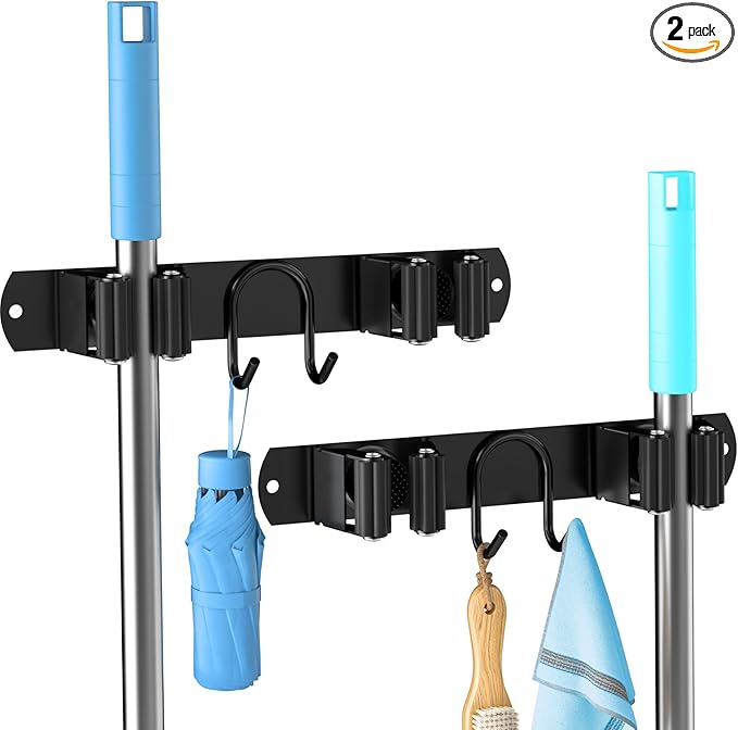 Broom Holder Wall Mount, 2-Pack Stainless Steel Mop and Broom Organizer, Broom Hanger with 2 Slots 2 Hooks for Home Kitchen, Garage, Garden and Laundry Room, Black