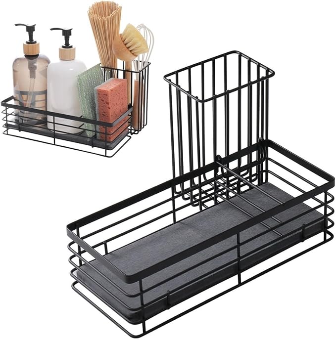Efficient Sink Caddy with Removable Brush Holder and Water Absorbent Diatomite Stone Tray for Sponges