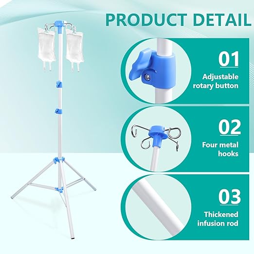Lefeke IV Pole Portable for Traveling, Adjustable IV Stand with Hooks, Medical IV Drip Infusion Bag Holder, IV Fluids Floor Stand (White)