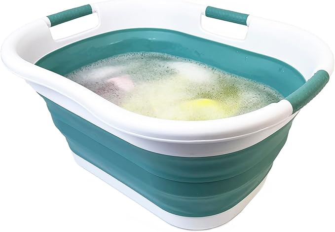 SAMMART 40L (10.5 gallon) Collapsible Plastic Laundry Basket - Foldable Storage Container- Portable Washing Tub - Space Saving Hamper (1, White/Celadon Green)