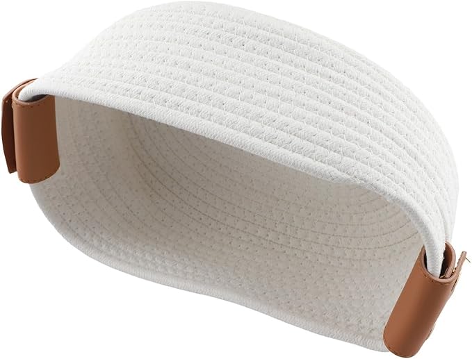 Portable Woven Cotton Rope Storage Bin with Leather Handles Desktop Storage Box Bedroom Storage Container for Toy and Small Items Storage Solution(White S)