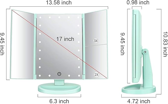 Tri-fold Lighted Vanity Makeup Mirror with 3x/2x Magnification,21 LEDs Light and Touch Screen,180 Degree Free Rotation Countertop Cosmetic Mirror,Travel (Green)