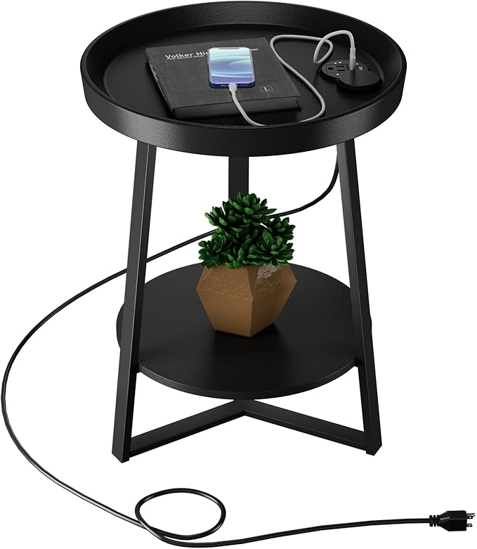Gadroad Round End Table with Charging Station, USB Ports and Anti-Drop Fence, Wood Tabletop & Black Metal Frame, 2-Tier Side Table for Living Room, Bedroom, Black 15.7 * 15.7 * 23.0 inches