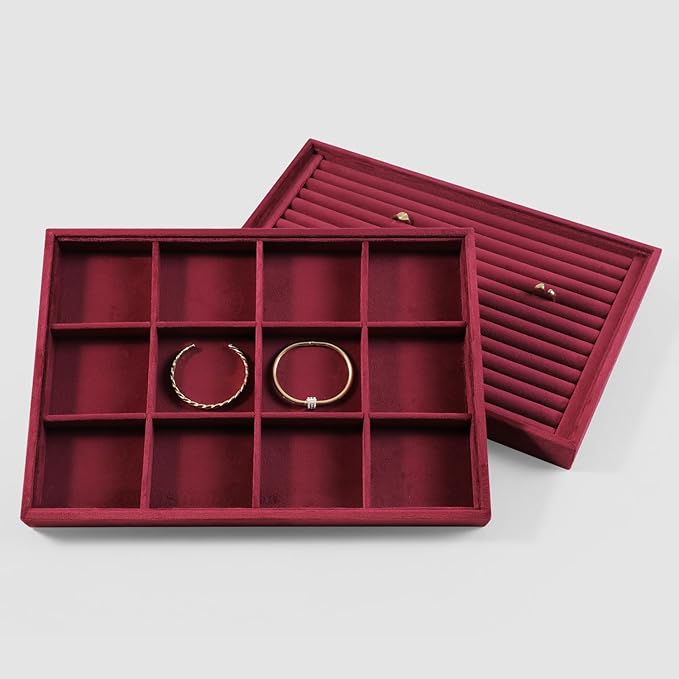 Velvet Stackable Jewelry Display Tray, 12 Grid Watch Bangle Bracelet Storage Tray, Makeup Drawer Insert Jewelry Shop Organizer Plate (Red)