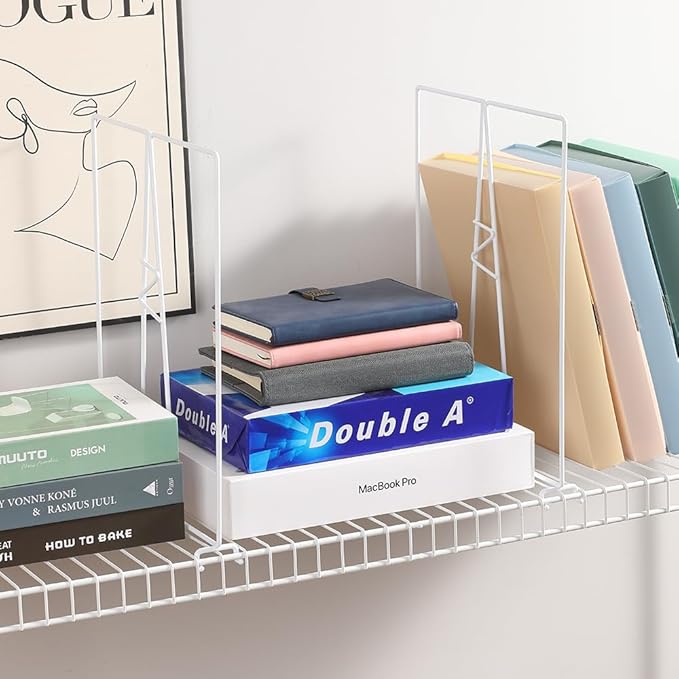Wire Shelf Dividers - White Closet Organization & Storage Organizer - No Tool Shelf Divider for Wire Shelves - Metal Shelf Accessories – for 12“ Deep Wire Shelves – Tall 16” Height – 4 Pack