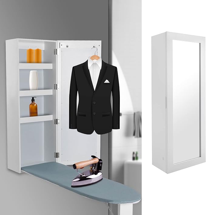 Wall Mounted Ironing Board Cabinet, Built-in Foldable Ironing Board & Folding Support Leg, Wall Ironing Boards with Mirror and 2 Hooks for Home, Apartment & Small Spaces