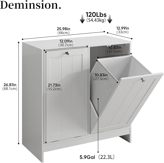 Tilt-Out Double Laundry Hamper Cabinet, White, 26.8" H x 26" W x 12" D, 5.9 Gal Capacity, MDF Construction.