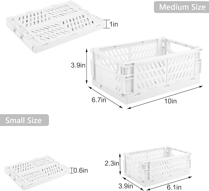 Plastic Storage Baskets for Desk Organizing, Office Drawer Organizer, 2 Medium+2 Small Durable Folding Storage Crate for Home Kitchen Classroom Office Bedroom and Bathroom Storage (White)
