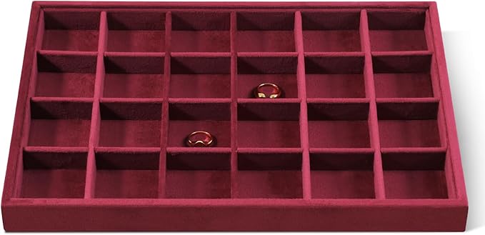 Velvet Stackable Jewelry Display Tray, 24 Grid Earring Ring Storage Tray, Drawer Divider Jewelry Accessories Organizer Plate (Red)