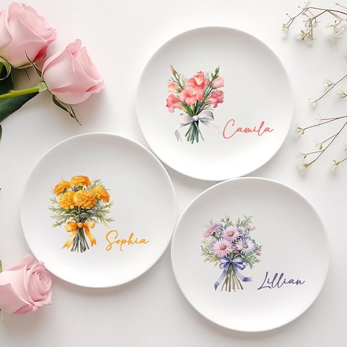 Custom Ceramic Jewelry Tray Birth Flower Personalized Name Decorative Trinket Dish for Rings Earrings Necklaces Birthday Christmas Bridesmaid Gifts for Women Her Size 4"×4"