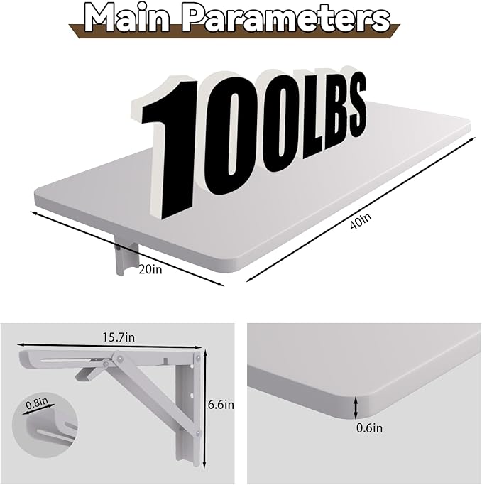 MM MELISEN White Wall Mounted Desk 40x20 Inch (101x50cm), Fold Down Folding Table for Laundry Room, Small Spaces Table