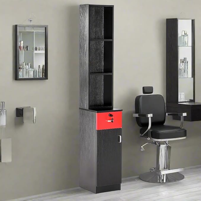 BarberPub Locking Wall Mount Hair Styling Barber Station Drawer Storage Beauty Salon Spa Equipment for Barber Salon 3036-1 (Black&Red)