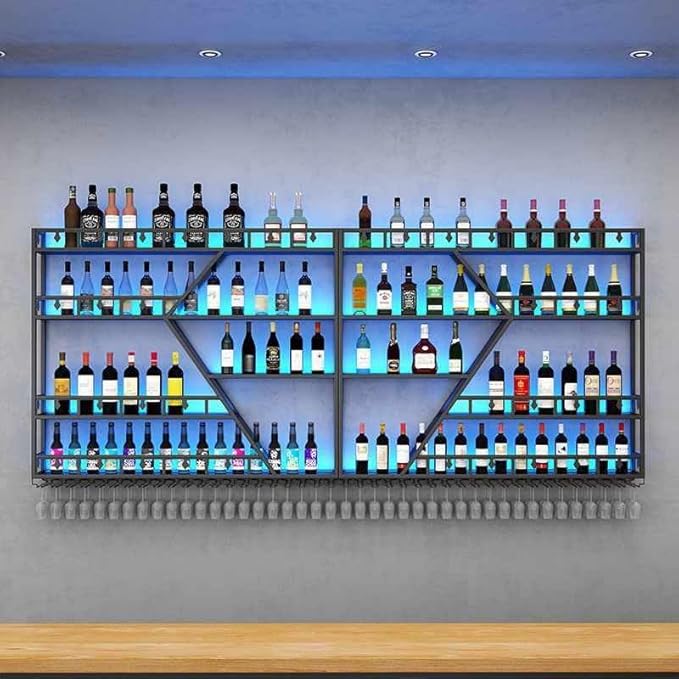 95in Large Wall Mounted Wine Rack 4 Tier Metal Wine Bottle Holder Modern Diamond Design Floating Bar Liquor Bottles Storage Rack for Home Restaurant Bar Decorative (Black, 4 Tier - 95in)