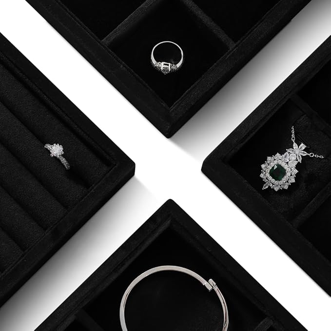 Velvet Stackable Jewelry Display Tray, 24 Grid Earring Ring Storage Tray, Drawer Divider Jewelry Accessories Organizer Plate (Black)